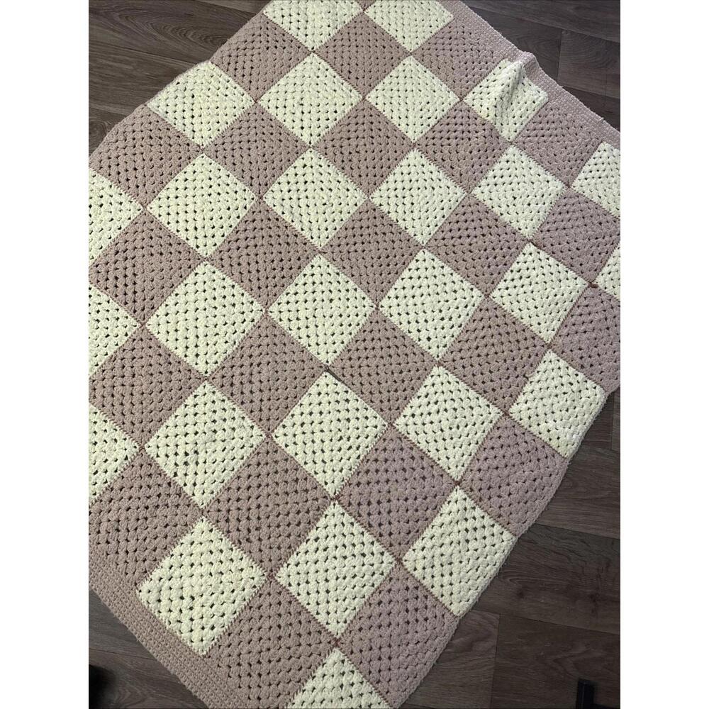 Vintage Square Crochet Yellow & BeigeRose Small Throw Cottage Afghan 46” X 58”.